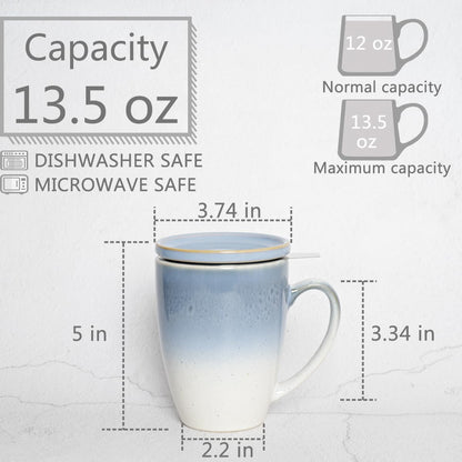 Bosmarlin Ceramic Tea Cup with Infuser and Lid, 13.5 Oz, Loose Leaf Tea Steeper Mug with Strainer, Microwave and Dishwasher Safe, Reactive Glaze (13.5 Oz, Pale Green)