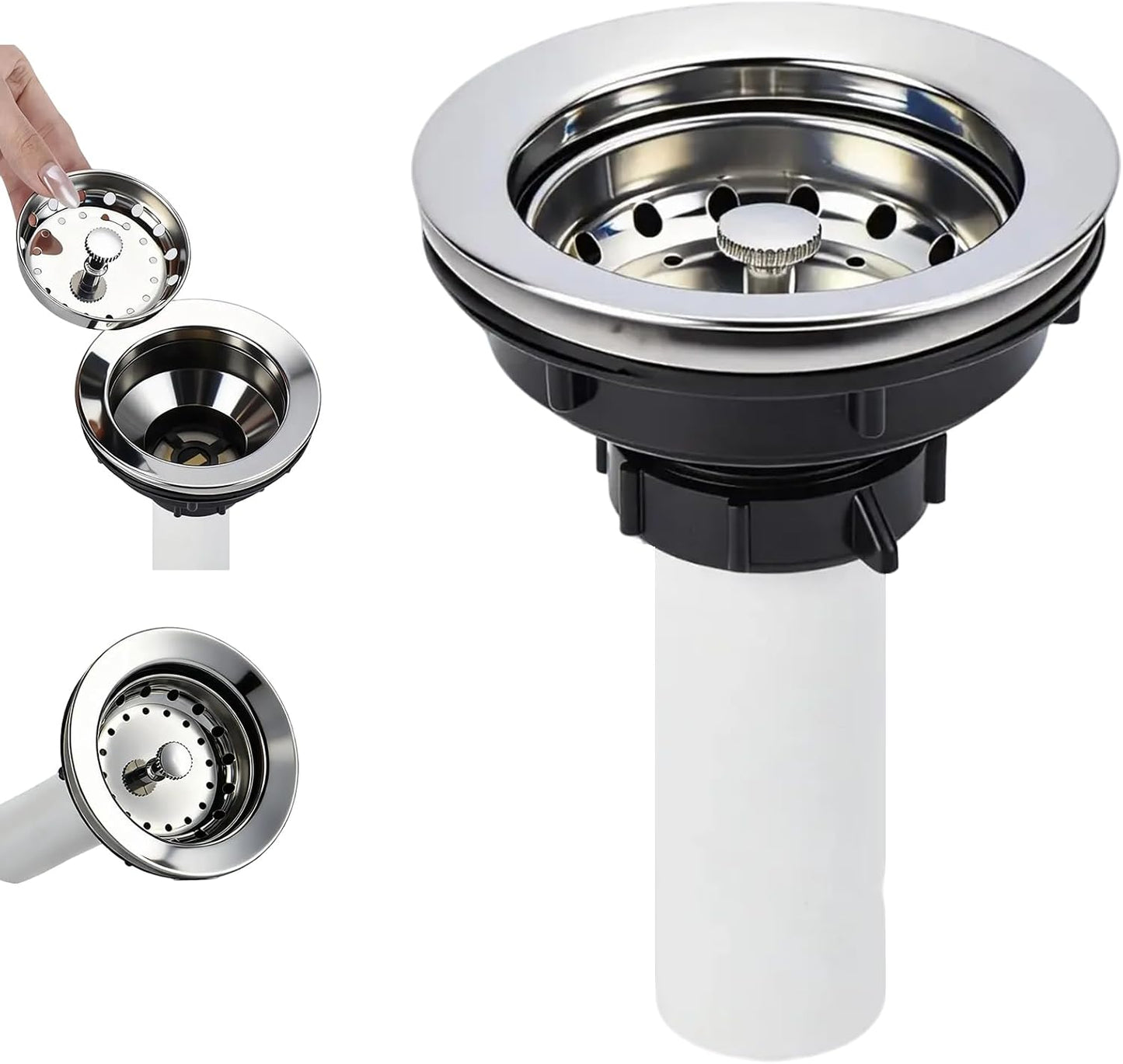 Kitchen Sink Drain Assembly, Basket Strainer with Knob, 3-1/2 Inch Sink Drain Stopper Plug, Threaded Plastic Sink Strainer Tailpiece 1-1/2 in