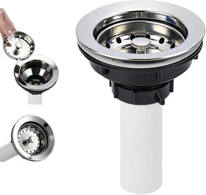 Kitchen Sink Drain Assembly, Basket Strainer with Knob, 3-1/2 Inch Sink Drain Stopper Plug, Threaded Plastic Sink Strainer Tailpiece 1-1/2 in
