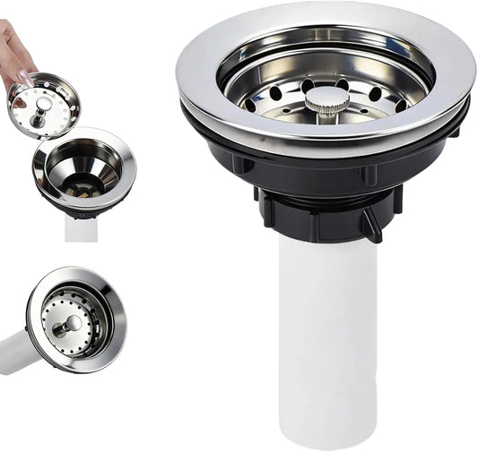 Kitchen Sink Drain Assembly, Basket Strainer with Knob, 3-1/2 Inch Sink Drain Stopper Plug, Threaded Plastic Sink Strainer Tailpiece 1-1/2 in
