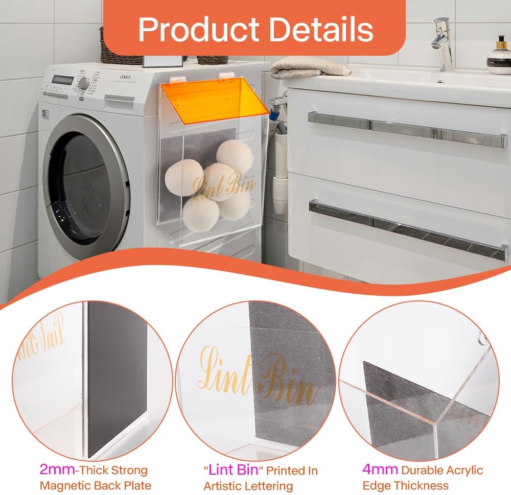 Picowe Magnetic Laundry Storage, Large Clear Acrylic Lint Holder Bin with Lid for Laundry Room with Dryer Lint Brush, Space-Saving Trash Container Hanging on Dryer, Washer or Wall Mount Trash Bin