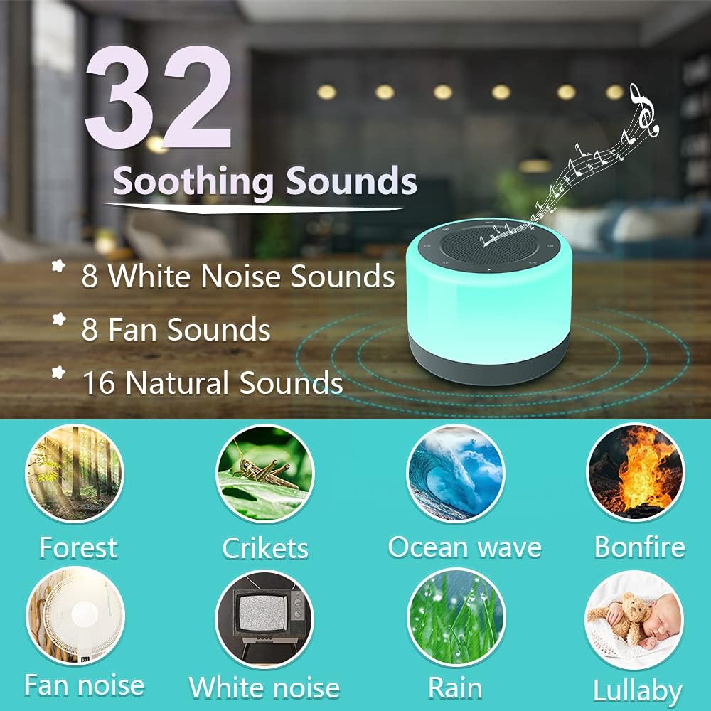 White Noise Machine with Night Lights, Sleep Sound Machine 32 Soothing Sounds for Baby Adults Kids Sleeping, Fan Wave Sound Lullaby, Timer and Memory Feature, RGB Color Touch Table Lamp