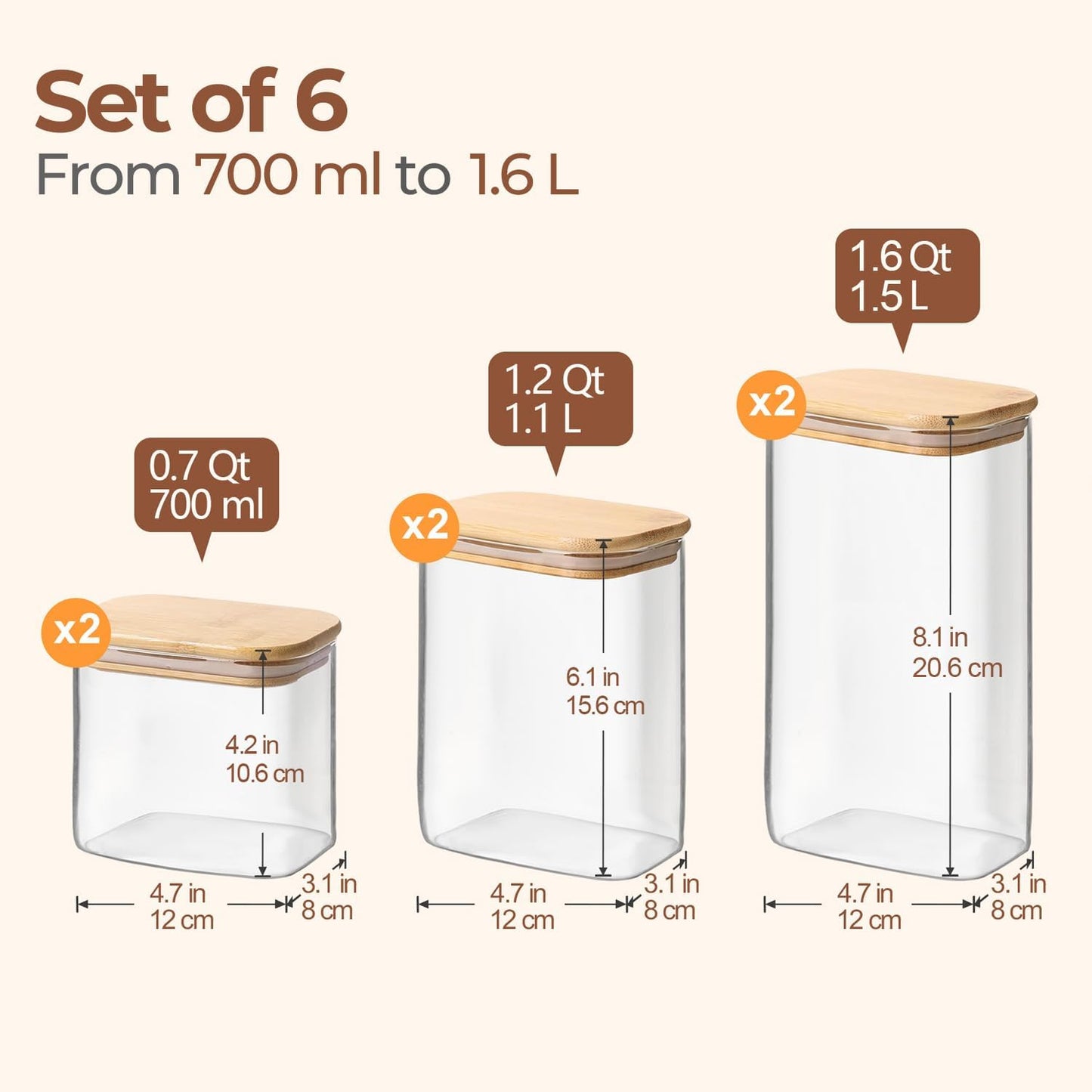 ComSaf Spice Jars 8oz Set of 6, Small Seasoning Containers with 9 Labels | Small Glass Jars With Labels, Empty Rectangle Canisters, Spice Rack Organization, Loose Tea, Herb, Powder, Dry Good, BPA Free
