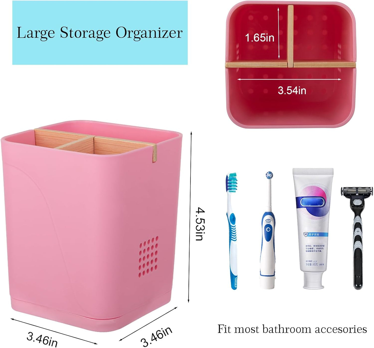 Electric Toothbrush Holder Tooth Brush and Toothpaste Organizer, Black | 3 Slots, Drainage Holes, Removable Bamboo Divider, Ventilation Design, Space-Saving, for Bathroom Countertop, Shower, Vanity