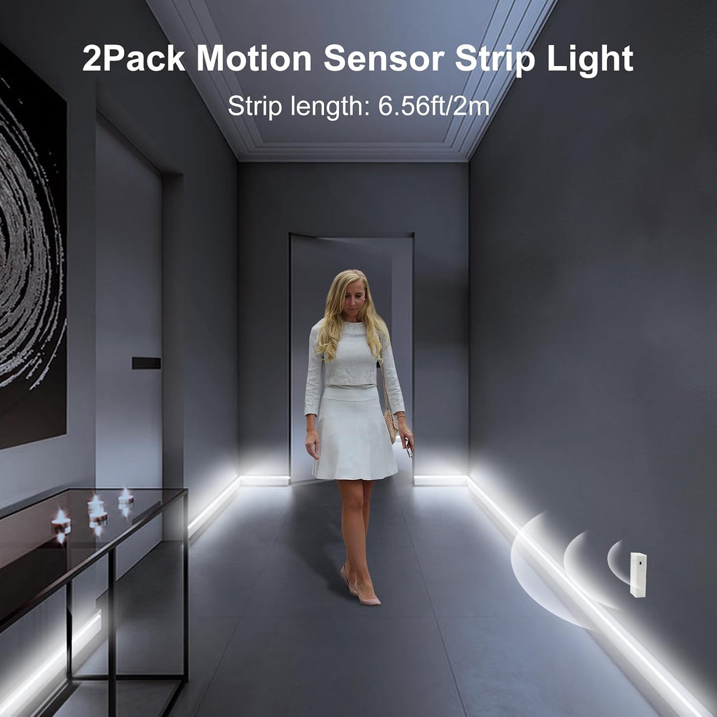2 Pack Battery COB Motion Sensor Strip Lights with Day & Night Modes | 6.6Ft 640 LED Under Cabinet Flexible Tape Lights for Bedroom Kitchen Stair Shelf, 6000K Cool White