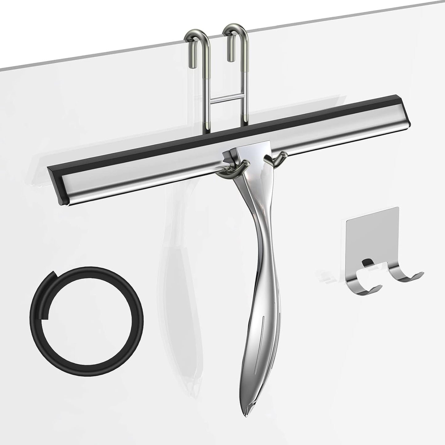 14-Inches Stainless Steel Shower Squeegee Set, Include Shower Door Hook, Adhesive Hook and Spare Silicone Blade, Window Squeegee for Shower Glass Door, Bathroom, Mirror, Window and Car Glass