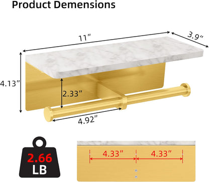 Gypie Marble Toilet Paper Holder with Shelf, Wall Mounted Matte Black | Stainless Steel Tissue Roll Paper Holder Dispenser for Bathroom Washroom
