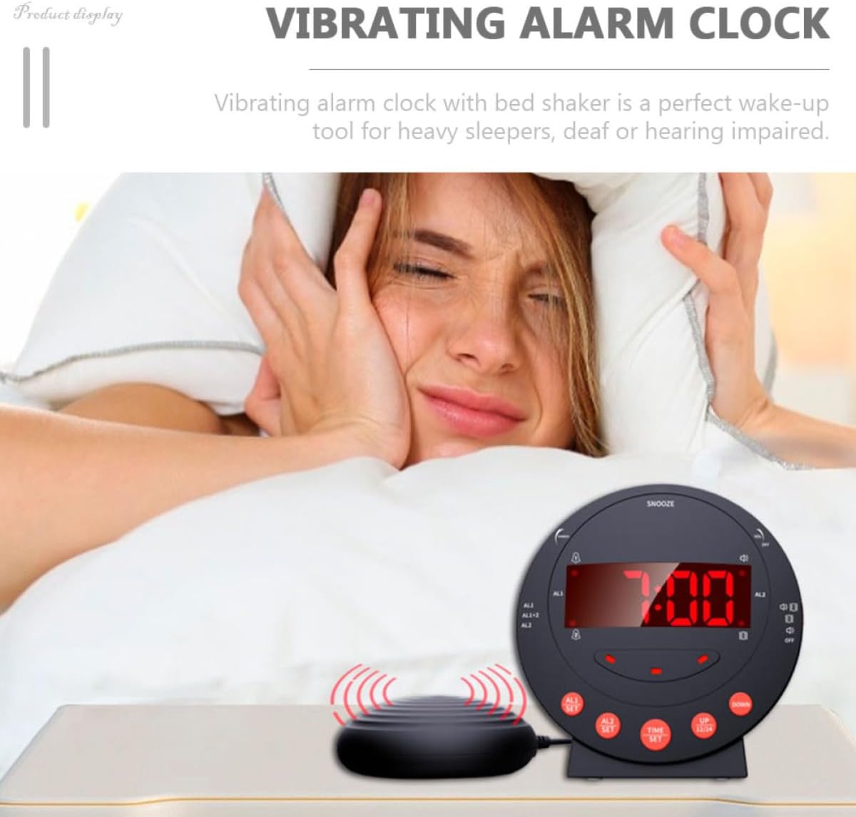 Loud Vibrating Alarm Clock Bed Shaker with Large Digital Numbers Black