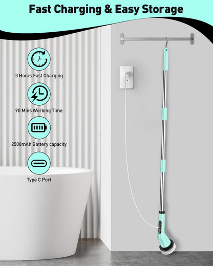 Electric Spin Scrubber for Bathroom, Shower Scrubber with Long Handle | Shower Cleaner Brushes, IPX7 Waterproof & 2 Speed, 3 Brush Heads, 90min Runtime, Bathroom Cleaning Supplies for Toilet Tub