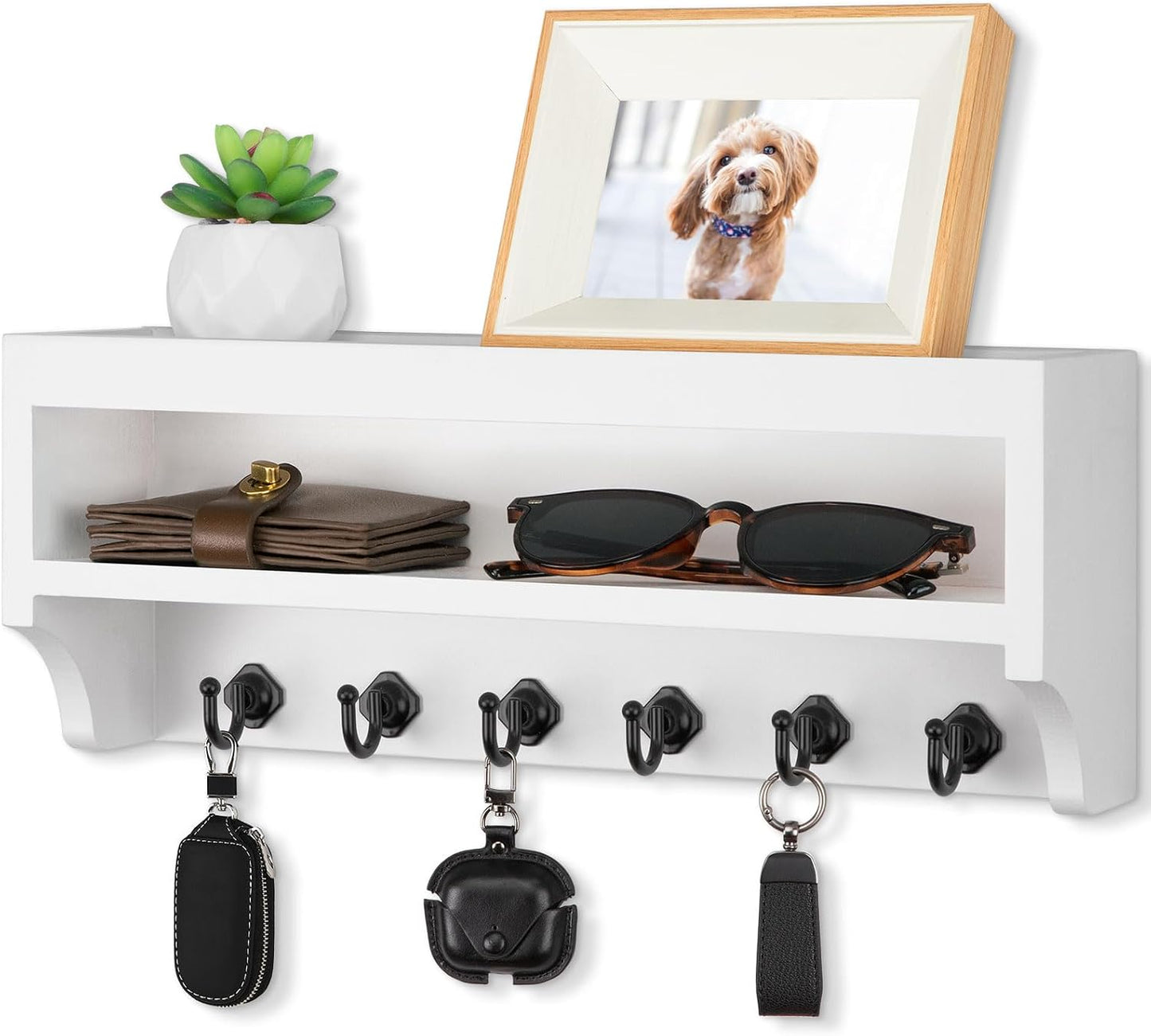 Nekon Key Holder Wall Mount, Pine Wooden Mail Organizer, White | 12.8"W x 5.6"H x 3.7"D Wall Mounted Key and Mail Organizer with 6 Key Hooks, Key Rack for Home Entryway Decor