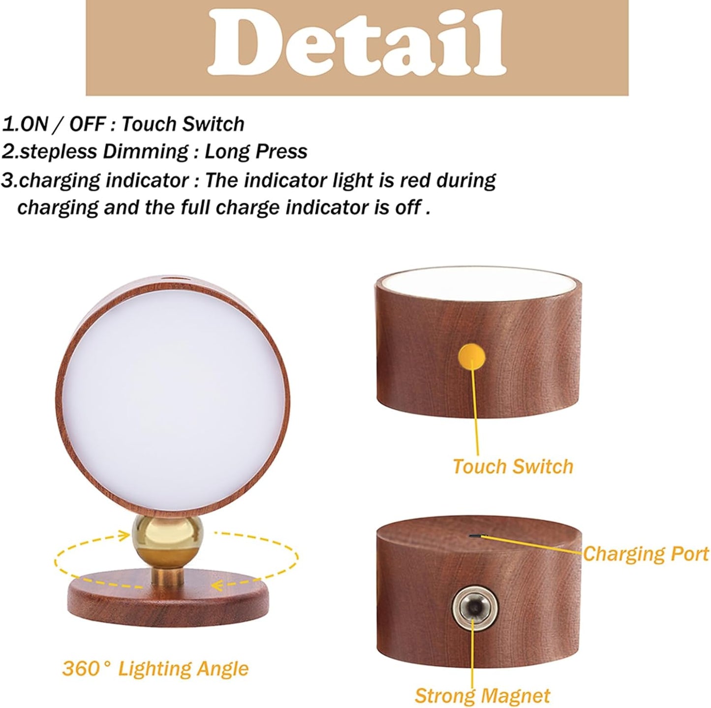 Wooden Wall Sconce 360° Rotatable Magnetic Stick on Bedside- Beech,1 PCS | Wall light self adhesive,dimmable touch control. USB-C port, minimalist style in hallways,closets,desk,reading,ambient