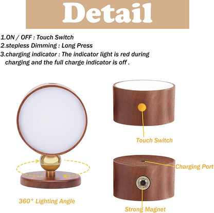 Wooden Wall Sconce 360° Rotatable Magnetic Stick on Bedside- Beech,1 PCS | Wall light self adhesive,dimmable touch control. USB-C port, minimalist style in hallways,closets,desk,reading,ambient