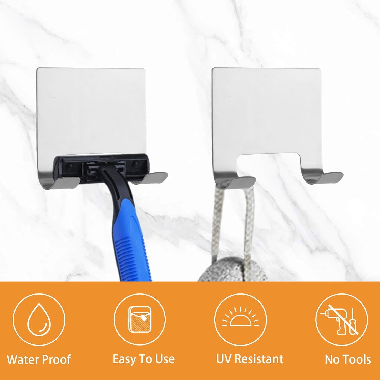 MOROBOR 4 Pcs Shower Squeegee Adhesive Hook, All-Purpose Scraper Holders Towel Hooks Stainless Steel Waterproof Storage Hook Bath Accessories for Kitchen & Bathroom（Black）