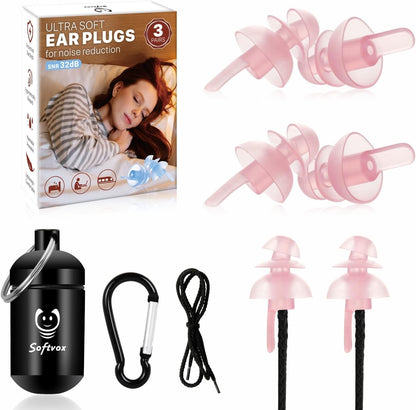 Ear Plugs for Sleeping 3 Pairs, Reusable Silicone Earplugs Sound Proof Noise Cancelling for Side Sleeper Study Travel Working Snoring Blocking -32dB Hearing Protection, with Cord & Case, Blue