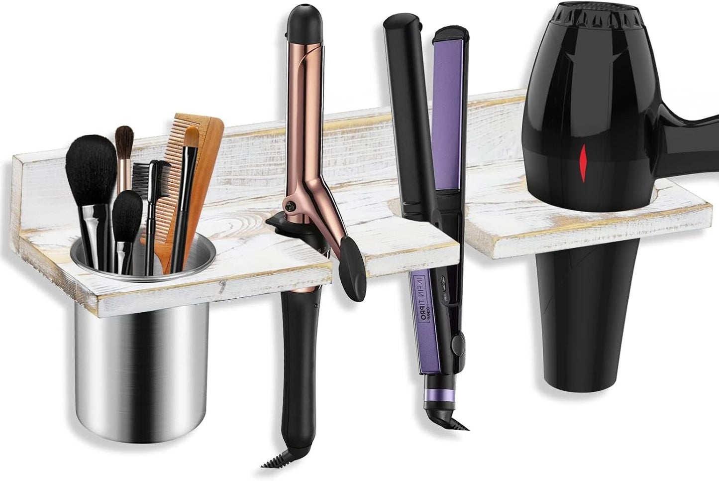 Hair Tool Organizer Wall Mounted - Wooden Dryer Holder, Blow Dryer Holder for Bathroom, Rustic Styling Tools Organizer for Flat Iron, Curling Wand, Hair Straighteners, Brushes, Black