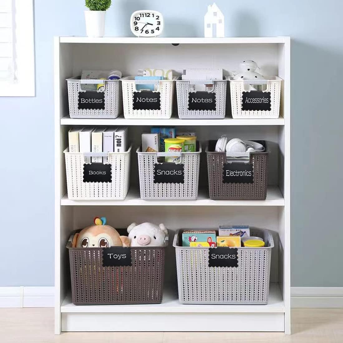 20 Basket Labels Clip On, Reusable Labels for Storage Bins, Removable Chalk Labels for Containers, Kitchen Closet Baskets and Storage Basket Holders with 2 White Chalk Markers