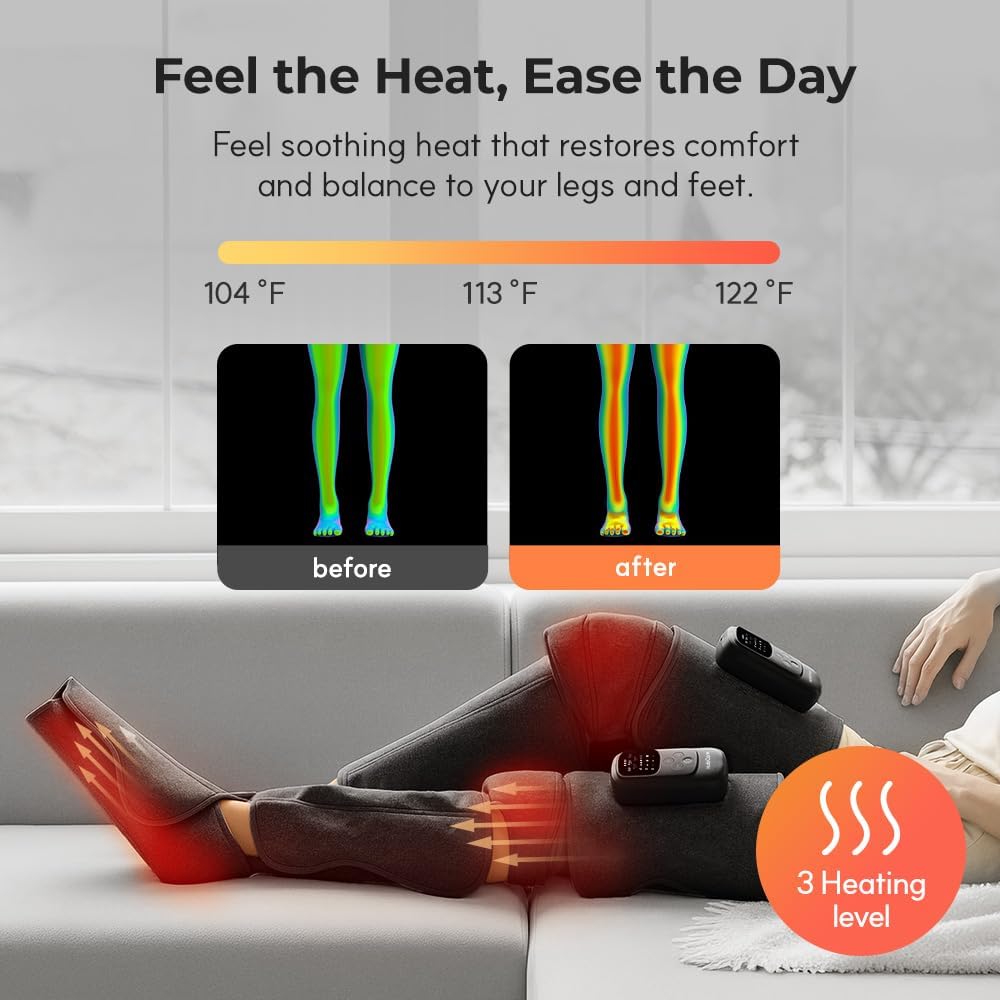 HubiCare Cordless Leg Massager with Heat and Air Compression for Circulation and Pain Relief, 5 Modes with 5 Intensities, Reduce Swelling, Muscles Relaxation Device (Black)