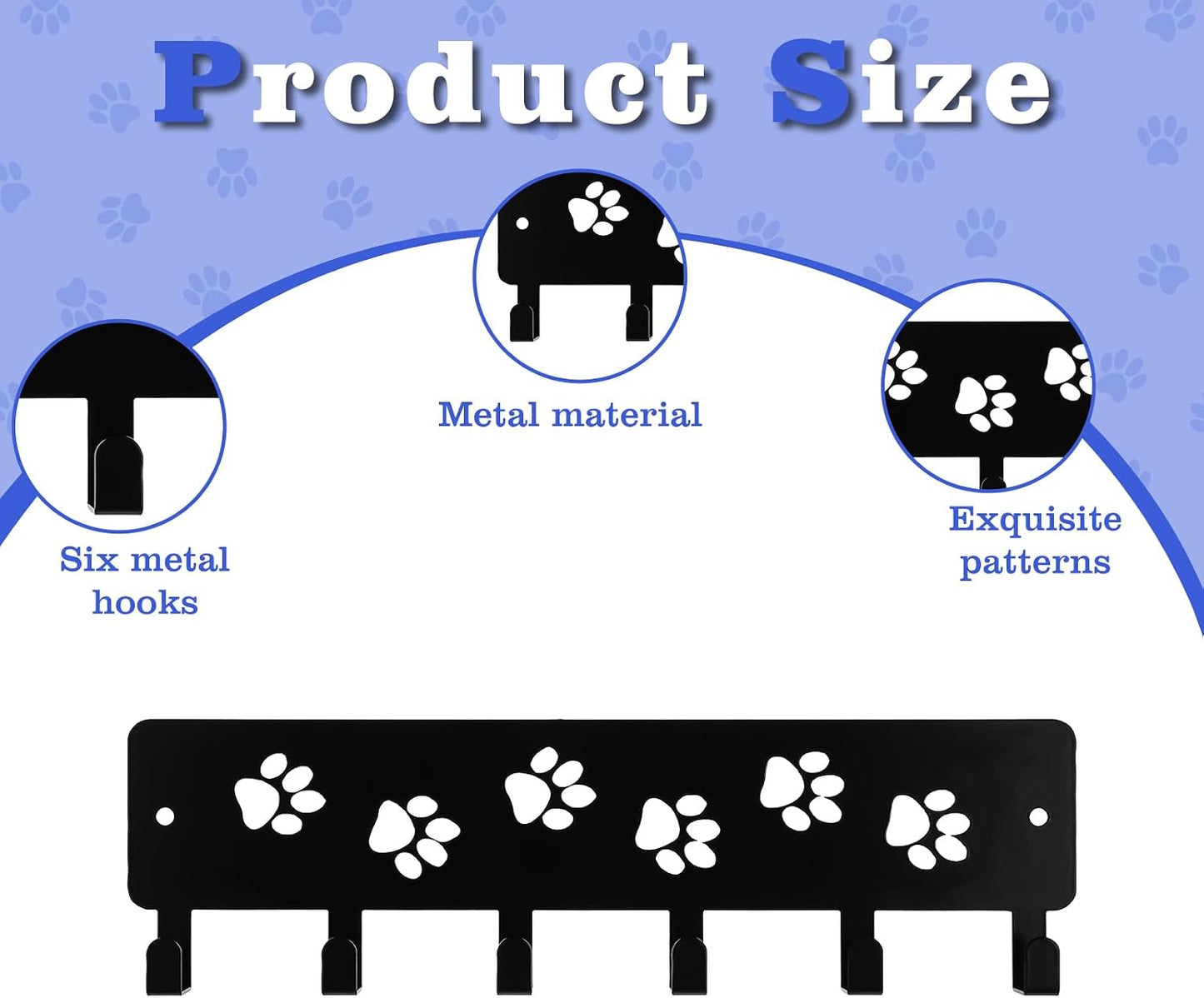 Key Holder Wall Mount & Dog Leash Holder for Wall, Metal Key Rack with 6 Hooks Decorative Animal Storage Rack Adhesive for Entrance Living Room Kitchen Dog Paws Design WallOrganizer