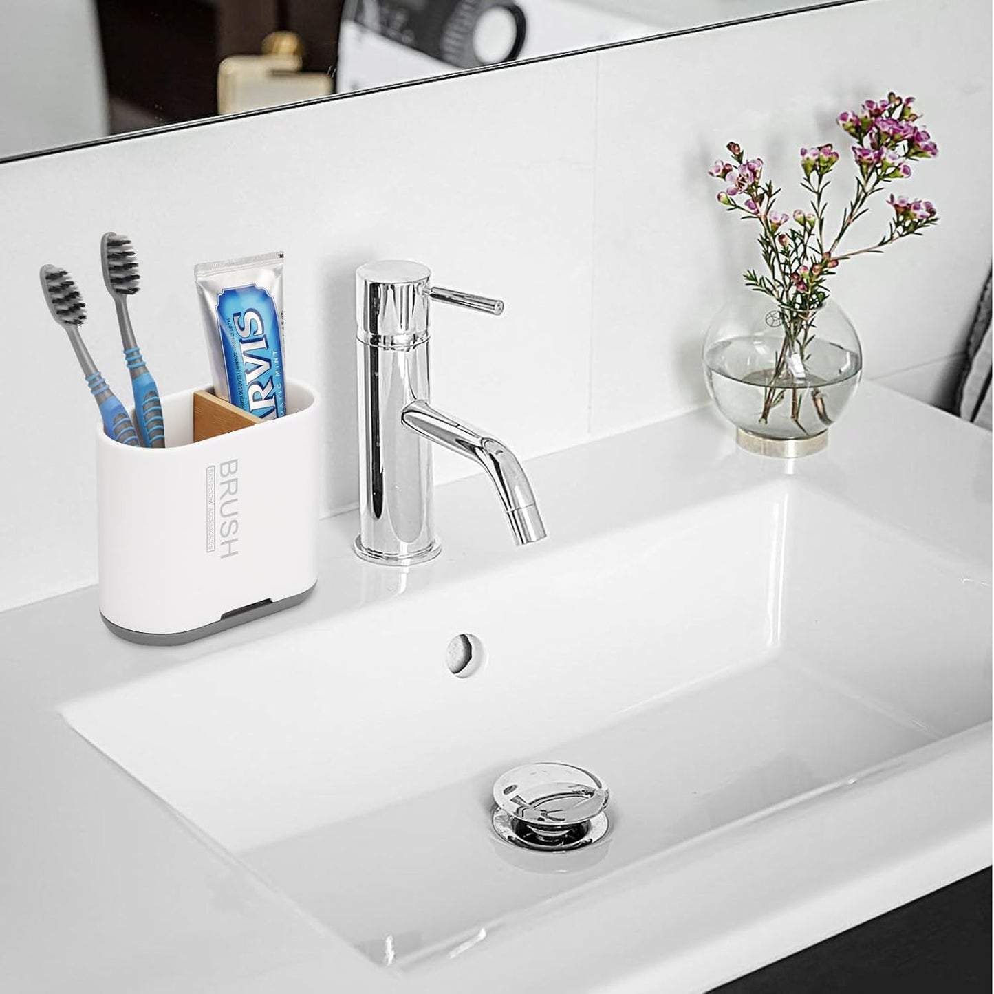 Bamboo Toothbrush Holder for Bathrooms Toothpaste Organizer, Small, White | 2 Slots, Easy to Clean, Plastic, Kids Electric Toothbrush, Drainage, Removable, For Bathroom, Vanity, Kitchen Sink, Office