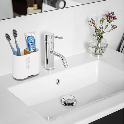 Bamboo Toothbrush Holder for Bathrooms Toothpaste Organizer, Small, White | 2 Slots, Easy to Clean, Plastic, Kids Electric Toothbrush, Drainage, Removable, For Bathroom, Vanity, Kitchen Sink, Office