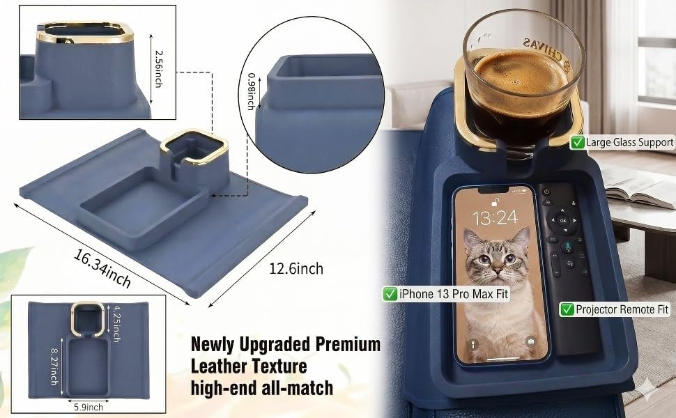Luxury Gold Trim Couch Cup Holder Tray - Weighted Anti-Spill Navy Blue Silicone Sofa Armrest Organizer, Non-Slip Recliner Tray Table for Drinks, Remote, Phone - Fits Most Couch Arms