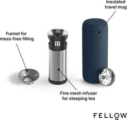 Fellow Carter Tea Infuser for Loose Leaf Tea and Cold Brew - Fine Mesh | Stainless Steel Tea Steeper, Dishwasher Safe, Snaps Into Carter Mug 16 oz, Drip Tray Included, Tea Diffuser for Mugs