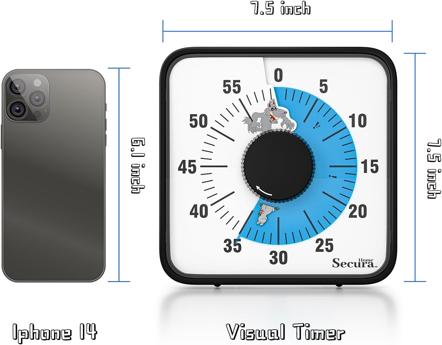 Secura Home 60-Minute Visual Timer, 7.5 Inch Oversize Countdown Timer Clock for Kids and Adults, Durable Mechanical Time Management Tool with Magnetic Backing （Sky Blue）