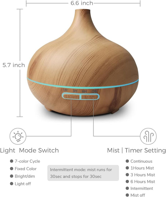 550ml Large Capacity Essential Oil Diffuser with 6 Essential Oil Set, Remote Control Ultrasonic Diffuser,Humidifier for Home Decor,7 Color LED Light with Waterless Auto-Off (Light)