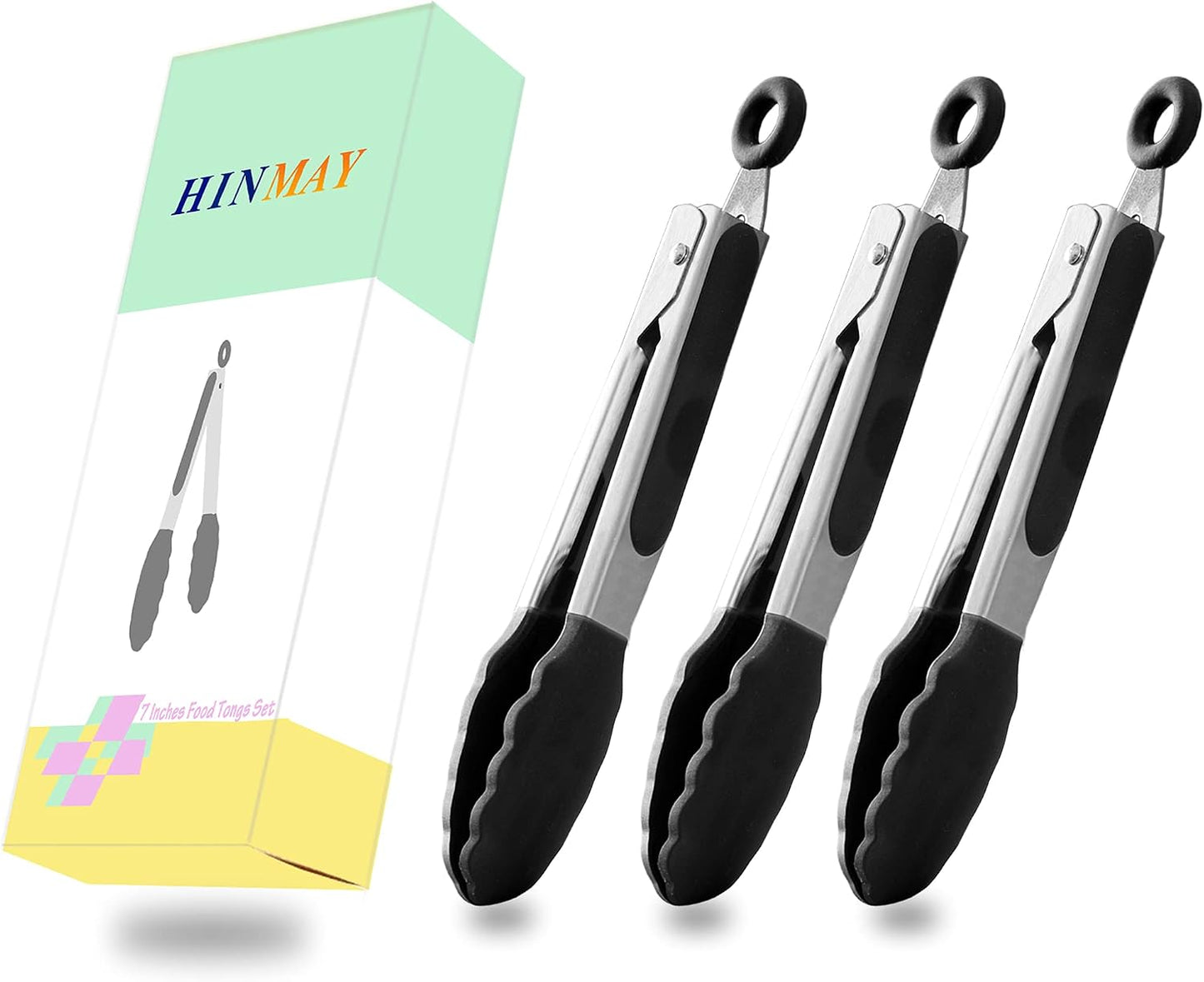 HINMAY Mini Tongs with Silicone Tips 7-Inch Serving Tongs, Set of 3 (Red Blue Green)