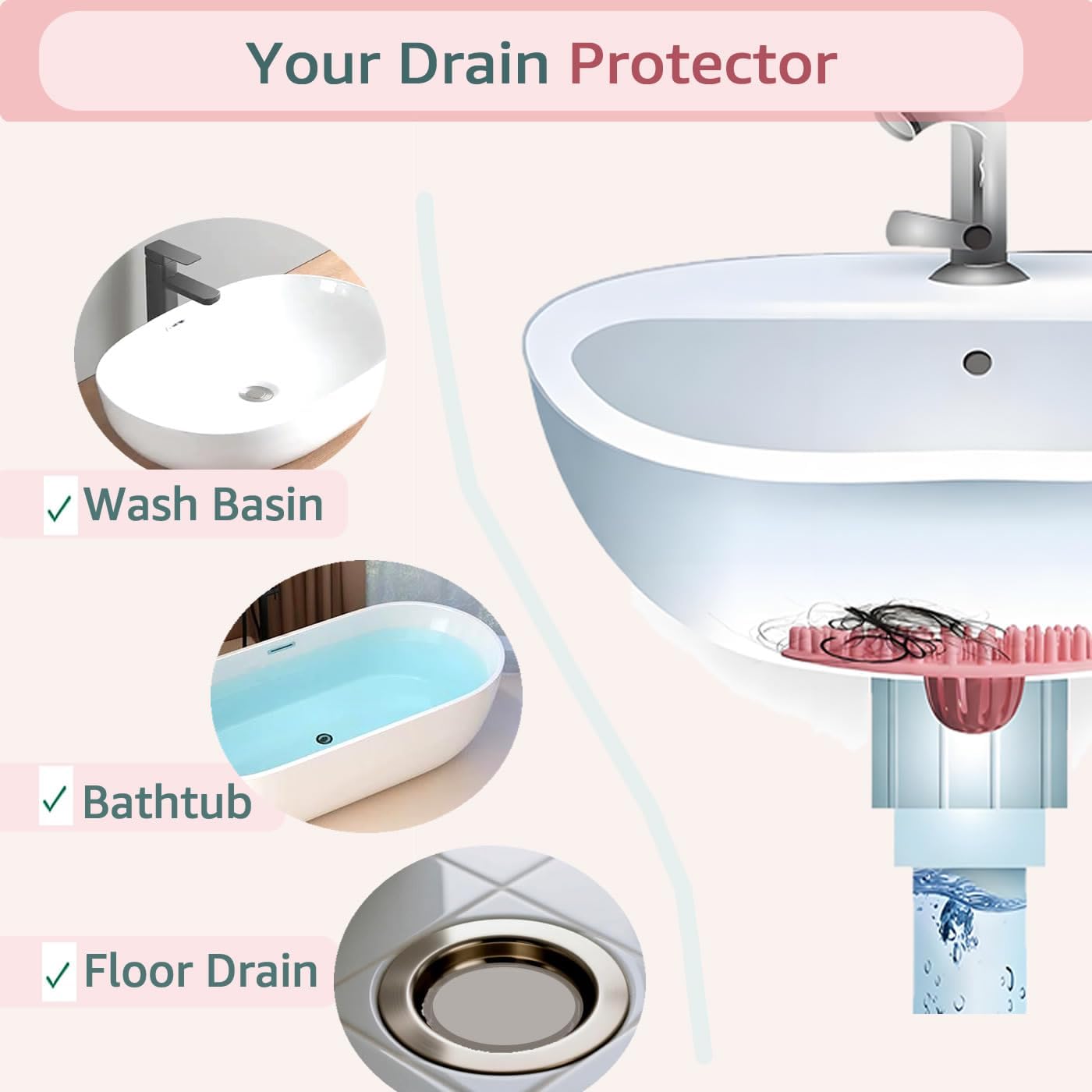Silicone Hair Catcher for Shower Drain & Bathtub – 3 Pack (Grey/Blue/Pink) | Anti-Clog Drain Strainer with Strong Suction, Drain Cover Bathroom Tub, Sink Floor Pet Hair Stopper Trap Protector, Patented