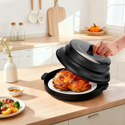 2 in 1 Microwave Splatter Cover for Food with Anti-scald Base Plate, Large Plastic & Silicone Collapsible Vented Food Guard Lid, Plate Holder & Kitchen Colander (Black)