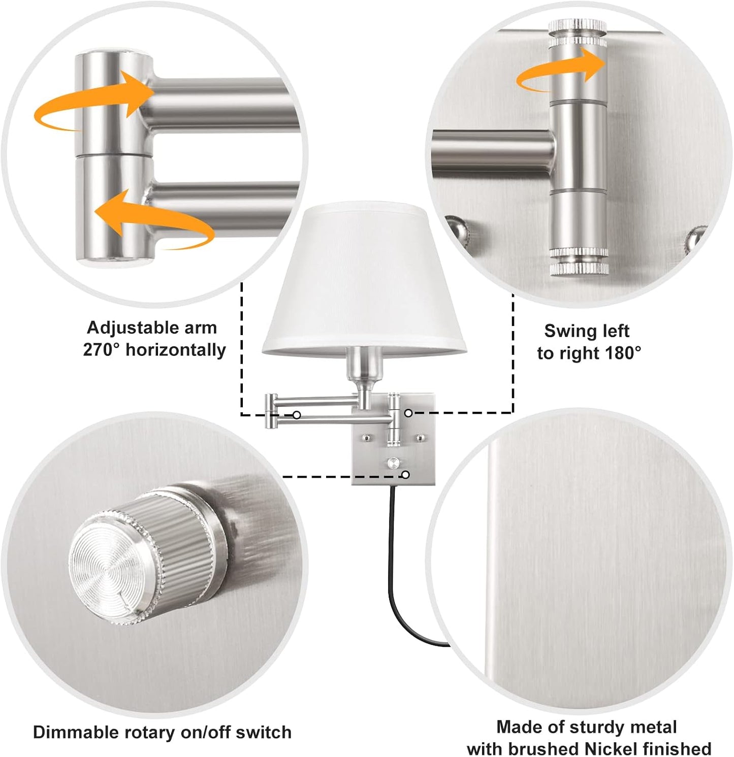 TRLIFE Wall Sconce Plug in, Dimmable Wall Sconces Set of Two Swing Arm Wall Lights with Plug in Cord and On/Off Dimmer Rotary Switch, 9.4" Medium Beige Fabric Shade(2 Pack, 2 Bulbs)