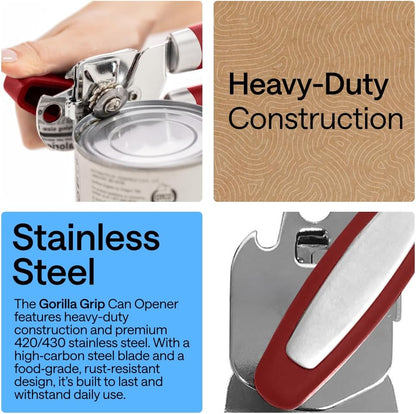GORILLA GRIP Original Model Stainless Steel Smooth Edge Manual Can Opener and Bottle Openers, US Designed, Comfortable Handle, Oversized Handheld Turn Knob, Multifunctional Kitchen Tool, Gray