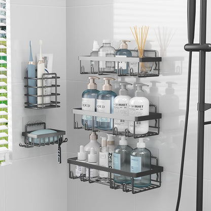 Liuoud 5 Pack Shower Caddy for Inside Shower, Gold Bathroom Storage Decor | Large Rustproof Stainless Steel Organizer with Strong Adhesive, No Drilling Wall Mounted Shelves, Bathroom Accessory Set