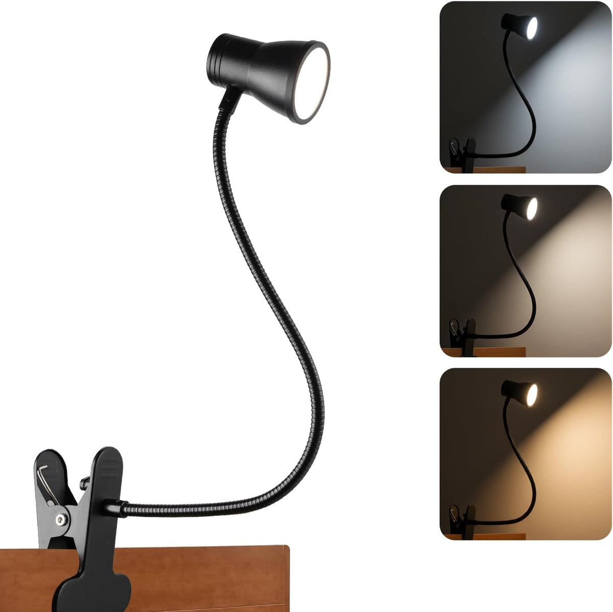 Eye-Caring Clip On Desk Lamp, 3 Color Modes & 10 Brightness LED Reading Light with Clamp, 360° Rotatable Gooseneck Reading Light, Portable Clamp Lamp for Bedroom, Office and Study (Black-Small)