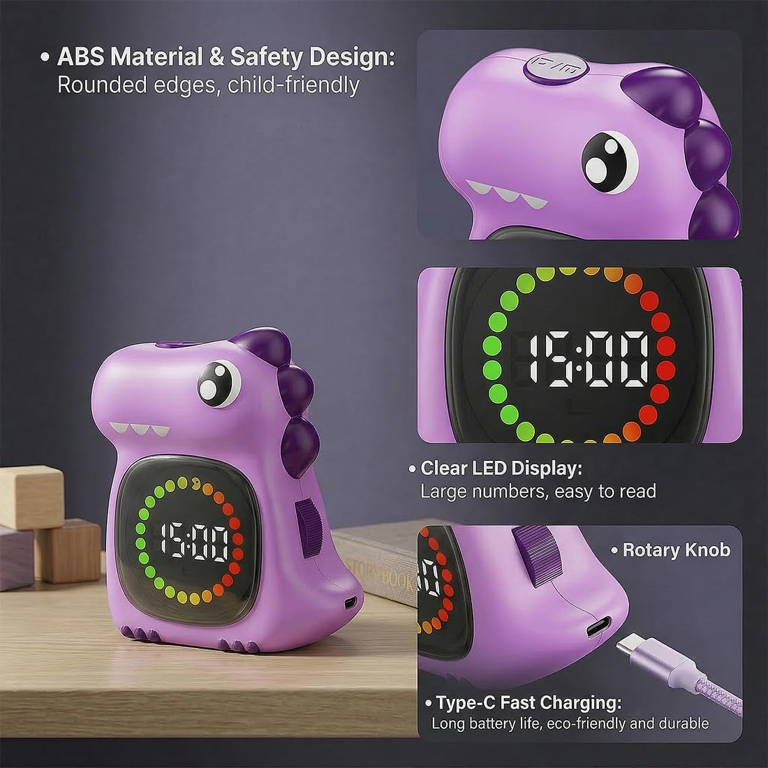 Pink Dinosaur Visual Timer for Kids, Girls Potty Training Timer | Color Countdown, Rechargeable, LED Screen, 99 Minute, Toddler, Children, Transition, 2-Min Toothbrush Setting, Hand Washing