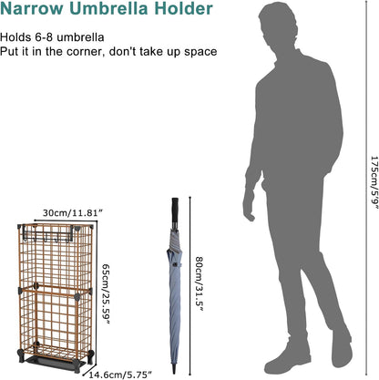 AWTATOS Umbrella Holder Entryway, Umbrella Stand Freestanding, Black | Metal Square Umbrella Rack Organizer with a Removable Drip Tray, Hooks