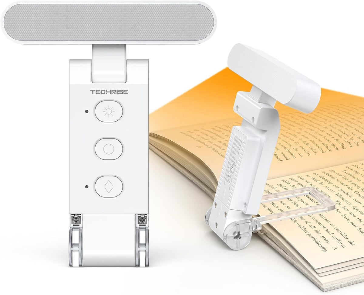 TechRise Book Light, Clip-on Reading Light for Books in Bed, Rechargeable Reading lamp, Eye-Caring with Timer, 5 Color Temps & 6 Brightness, 80+ Hrs, Perfect for Kids, Book Lovers, Black