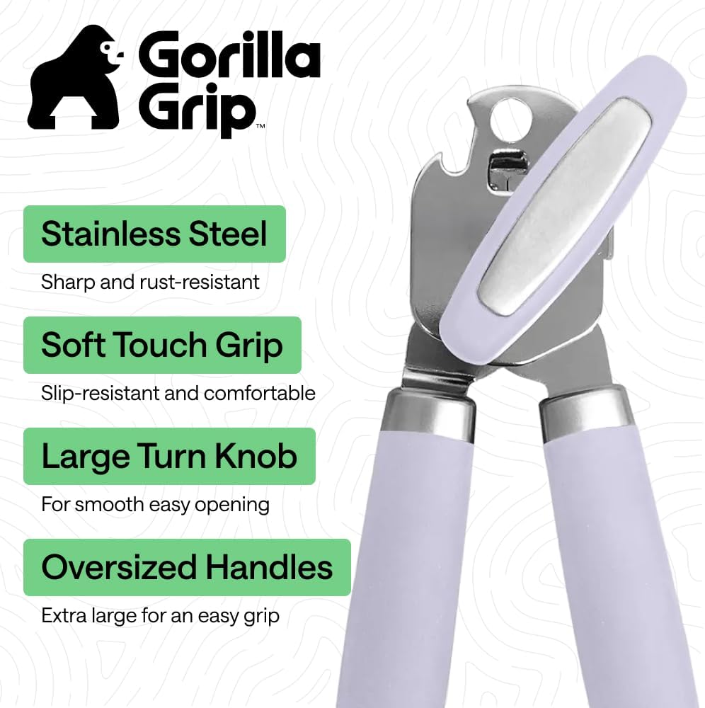 GORILLA GRIP Original Model Stainless Steel Smooth Edge Manual Can Opener and Bottle Openers, US Designed, Comfortable Handle, Oversized Handheld Turn Knob, Multifunctional Kitchen Tool, Gray