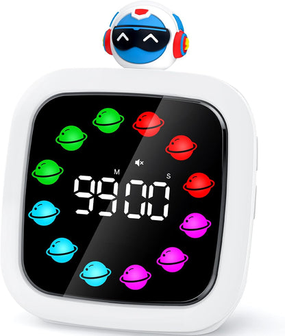 Yunbaoit Digital Visual Timer for Kids, 99-Minute Countdown, Rechargeable | 19 Music Alarm, Pause Function, 9 Optional DIY Color Planet Display, Robot Doll, for Study, Homeschool, Kitchen