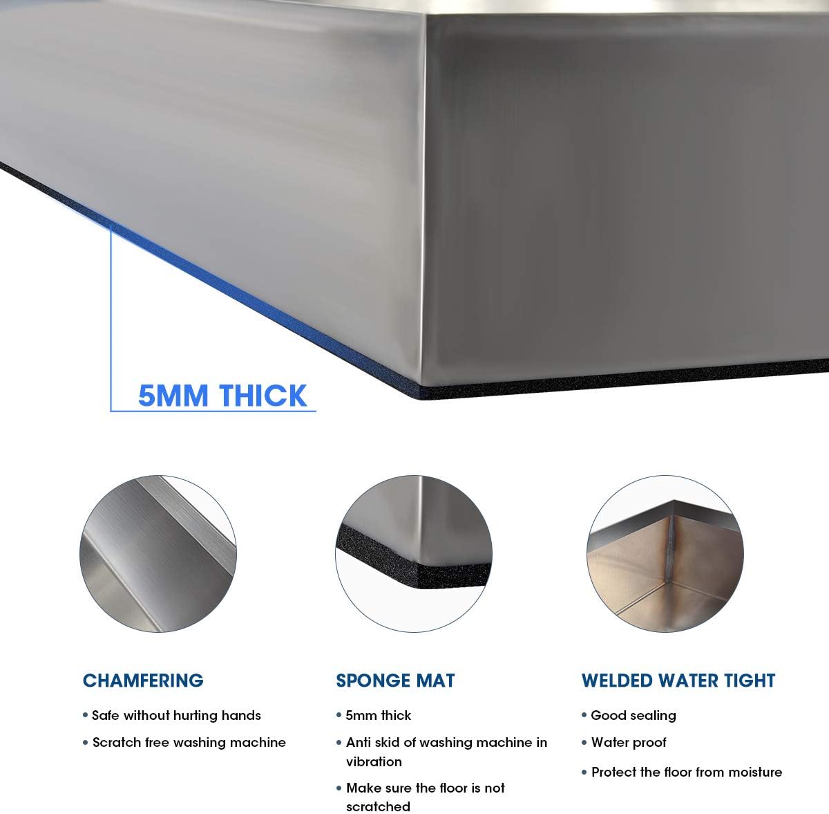 28" x 30" x 2.5" Washing Machine Pan, Leak Protection for Laundry Room | Washing Machine Tray with Anti-Slip Bottom Pad, Raised Edge Drain Pan, No Hole, Heavy Duty 304 Stainless Steel
