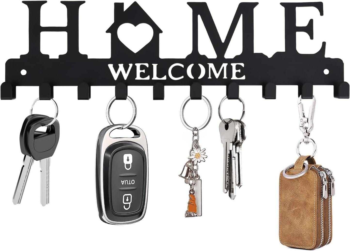 Key Holder Wall Mount, Adhesive Key Hanger with 12 Hooks, Black | Metal Material, 2 Mount Options, Compact Design, Cute Wall Decoration, Suit for Entryway, Doorway, Hallway, RV, Garage