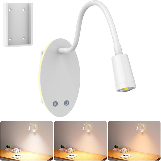 Rechargeable Wall-Mounted Reading Light for Bed - Cordless Bedside Lamp with 40H Battery, 3 Color Temperatures & Stepless Dimming, Eye-Care Night Light, USB Output, No Disturb to Partner(2pcs)