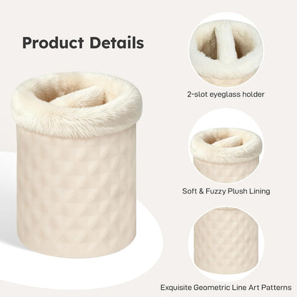Double Glasses Holder, Silicone Plush Lined Eyeglass Holder Stand | 2 Compartments Anti-scratch Eye-glasses Case Storage Organizer for Nightstand, Desk, Table, Office, White