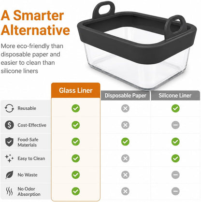 Air Fryer Glass Liner with Removable Silicone Ring, Air Fryer Accessories | Reusable Glass Air Fryer Basket Insert for Ninja Foodi DZ201 DZ401 DZ550, 8-10QT Dual Air Fryer, Dishwasher Safe, Easy Rinse