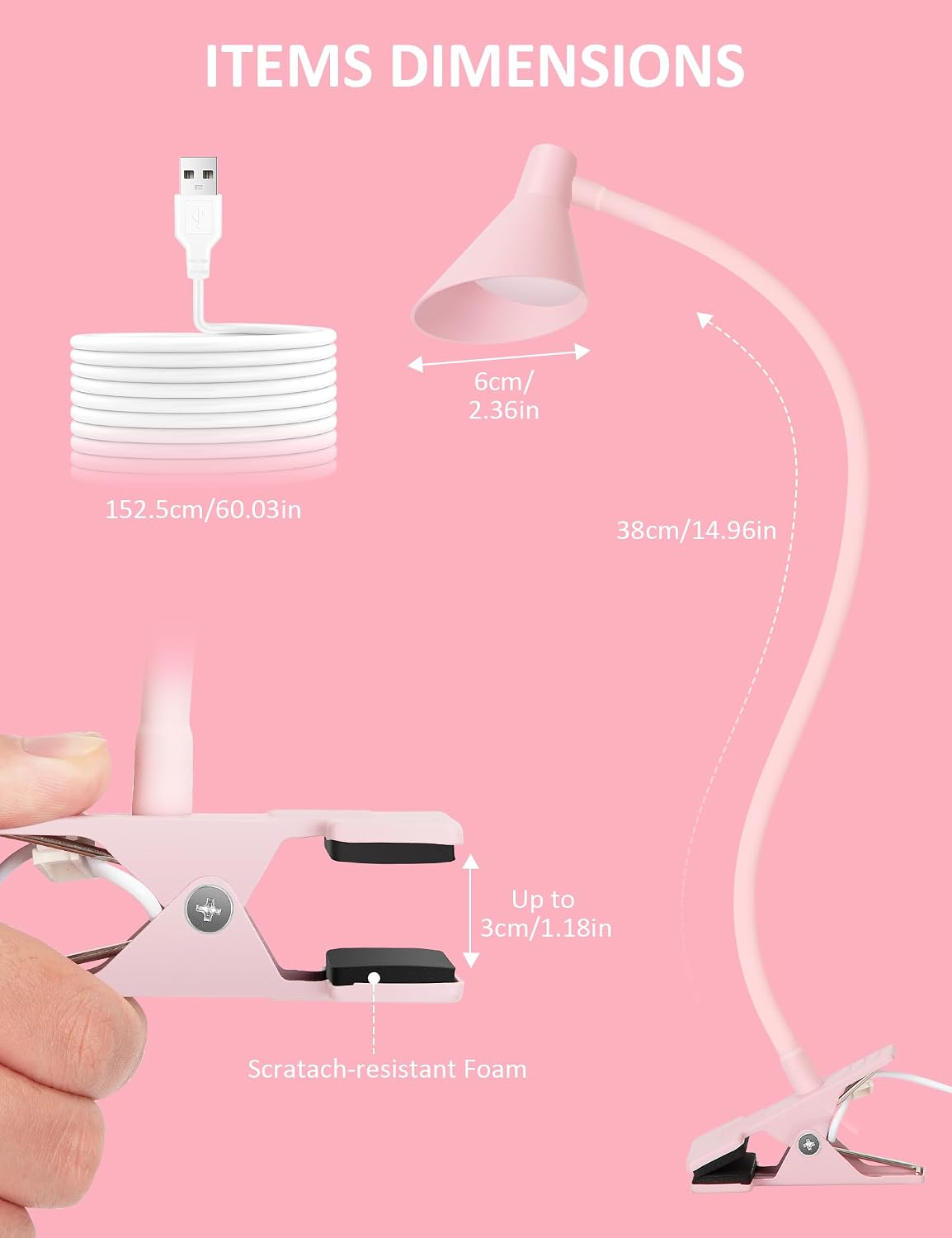 Clip on Light, Eye Care Reading Lights for Books in Bed Clip on Lamp Pink