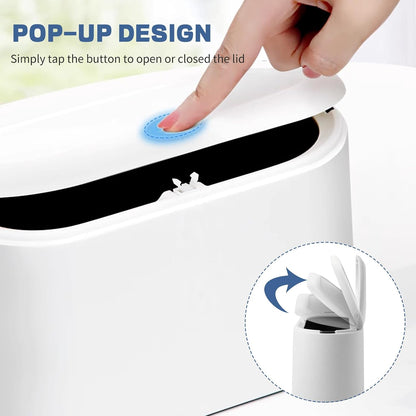 LTWQLing Mini Trash Can with Lid - Removable Small Garbage Can, Tiny Plastic Trash Bin, Pop Up Countertop Wastebasket, Counter Garbage Lint Bin for Bathroom,Office,Kitchen,Desk,Coffee Table(White)