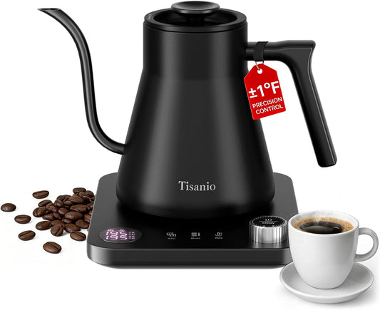 Gooseneck Electric Kettle with Temperature Control, 0.9L, Black Wood | ±1°F Precision Pour Over Kettle, LCD Dual Display, Smart Two-Stage Heating, 2H Keep Warm, 304 Stainless Steel Interior