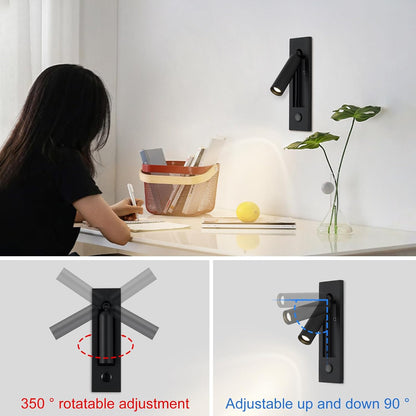LED Bedroom Lamp Headboard Wall Light Sconce, Bedside Reading Light Recessed Push Switch Wall Lamps, Hotel Bed Side Decorative Wall Sconces Spotlight, 360° Rotatable 92° Foldable (Brass+Black)