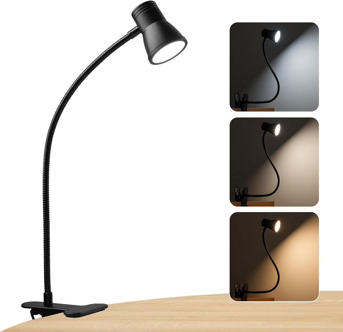 Eye-Caring Clip On Desk Lamp, 3 Color Modes & 10 Brightness LED Reading Light with Clamp, 360° Rotatable Gooseneck Reading Light, Portable Clamp Lamp for Bedroom, Office and Study (Black-Small)